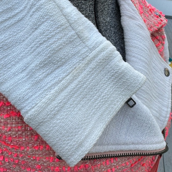 Anthropologie Elevenses neon orange ivory sleeves Tweed Knit Jacket SZ 2 - Picture 7 of 8